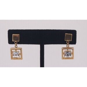 Vintage Avon Women's Dangle Earrings Gold Tone Square Cut Lead Crystal Pierced